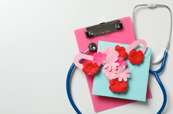 Women's health training with stethoscope and pink medical stationery